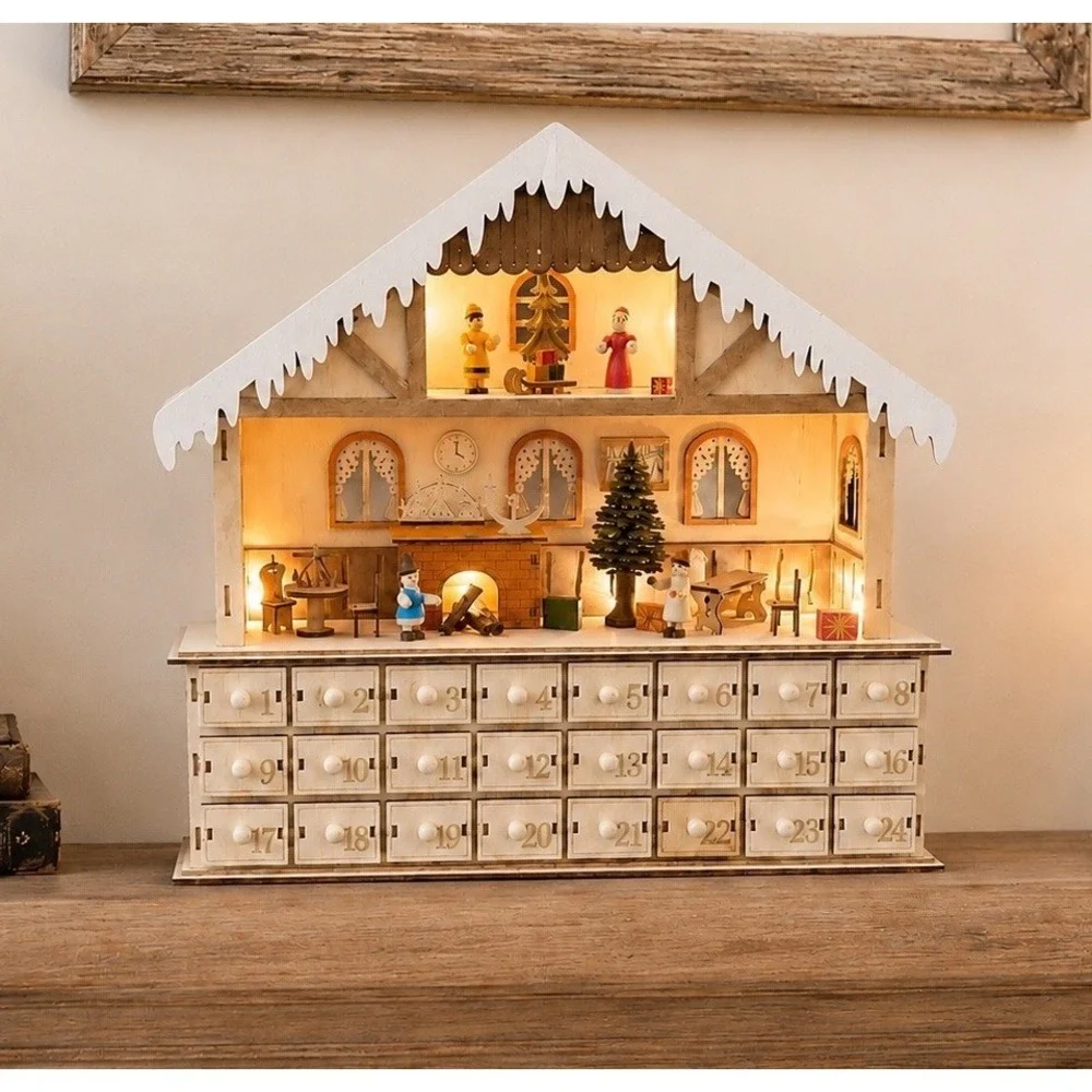 Lighted Wooden Advent Calendar 3D Holiday HomeScene LED 24 Drawers 15